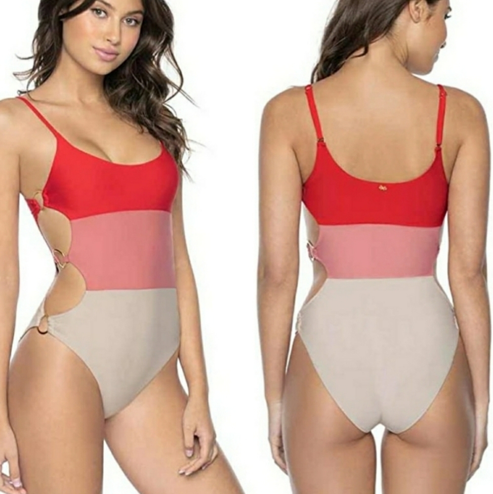 NWT PiliQ PQ Color Block Side Ring One Piece Red Pink Size S